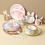 Baby Bamboo Fiber Dinner Plate Set Children's Cartoon Creative Grid Plate Bowl Cup Fork Spoon Kindergarten Restaurant Tableware