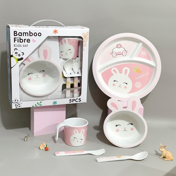 Baby Bamboo Fiber Dinner Plate Set Children's Cartoon Creative Grid Plate Bowl Cup Fork Spoon Kindergarten Restaurant Tableware