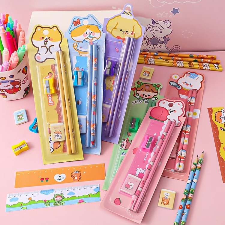 Cartoon 5 Pc Pencil Set Stationery Students Children's Sketch Supplies Kindergarten Prizes Set Stationary Set School