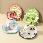 Baby Bamboo Fiber Dinner Plate Set Children's Cartoon Creative Grid Plate Bowl Cup Fork Spoon Kindergarten Restaurant Tableware