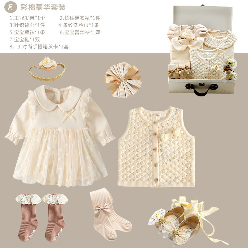 Baby Gift Box Full Moon Outfit for Baby Girl One-Year-Old Dress Pure Cotton Set Box Spring and Autumn Hundred-Day Outfit Romper Set