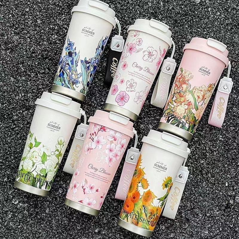 New 316 Stainless Steel Coffee Cup, Lily of the Valley Insulated Cup, High-Value Student Travel Cup, Car-Mounted Dual-Drink Straw Water Cup