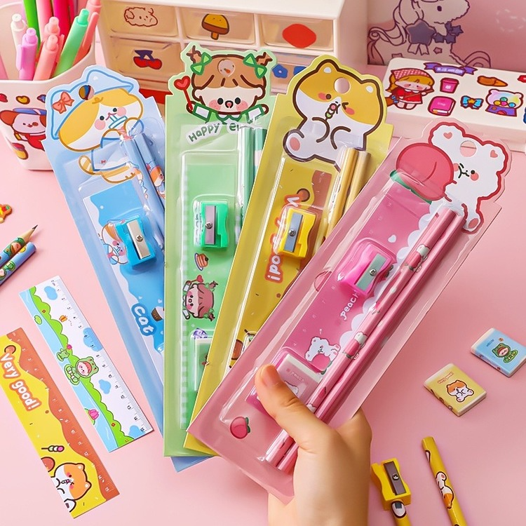 Cartoon 5 Pc Pencil Set Stationery Students Children's Sketch Supplies Kindergarten Prizes Set Stationary Set School
