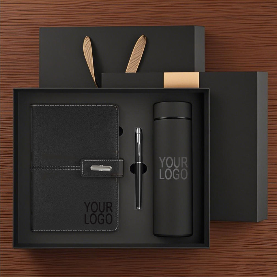 Custom Logo Leather Notebook Stainless Steel Tumbler USB Premium Corporate Gift Set