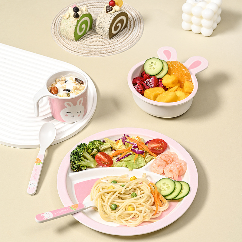 Baby Bamboo Fiber Dinner Plate Set Children's Cartoon Creative Grid Plate Bowl Cup Fork Spoon Kindergarten Restaurant Tableware